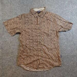 Patagonia Top Kids Medium Brown Boys Back Step Short Sleeve Hemp Cotton Button